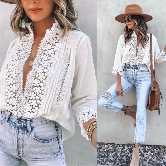 New Bohemian White Lace Button Front Blouse - Picture 1 of 6